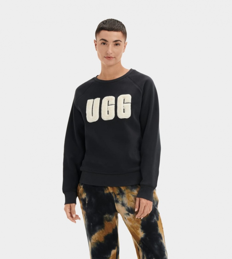 Bluzy Damskie Ugg Madeline Fuzzy Logo Crewneck Czarne Kremowe | WIP-571640