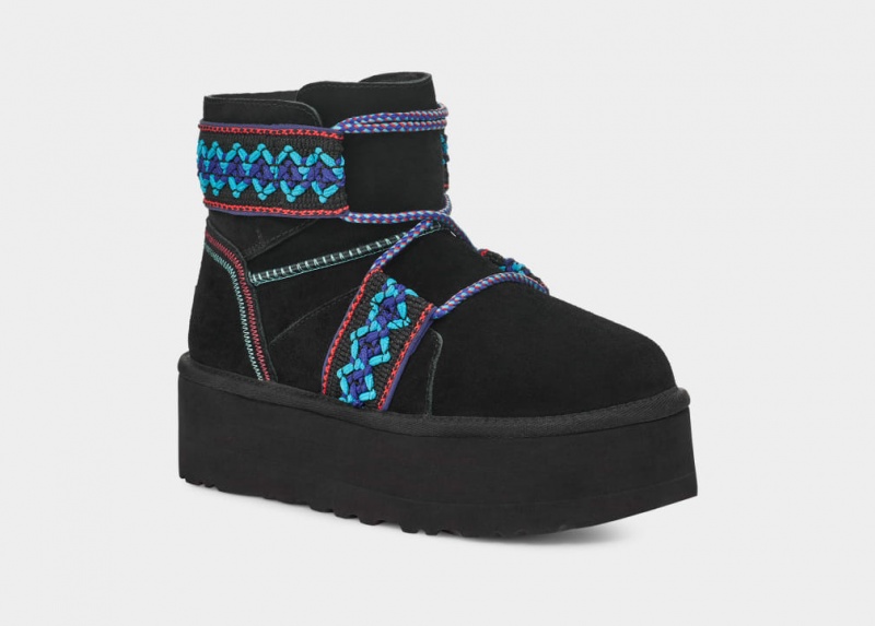 Buty na Platformie Damskie Ugg Klasyczne Mini II Braid Czarne | XAY-837012
